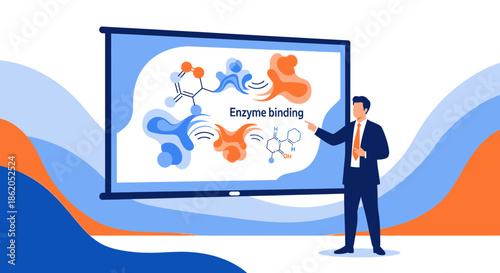 Professional presenting enzyme binding process with visual aids for education, scientific