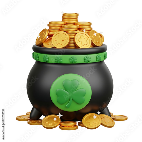 Pot of Gold with Shamrocks Isolated on transparent background