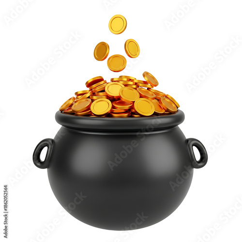 3D Pot of Gold Coins for St. Patrick's Day Isolated on transparent background