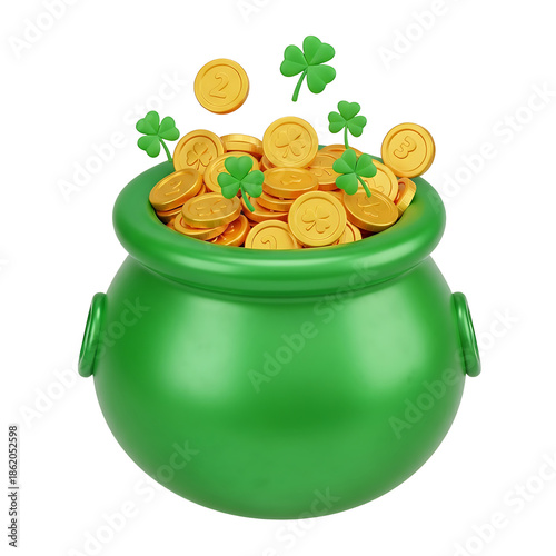 3D Green Pot of Gold with Shamrocks and Coins Isolated on transparent background