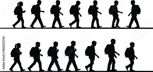 Black silhouettes of children walking with backpacks in two rows