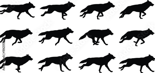 Black silhouettes of wolves running in various dynamic poses wolf
