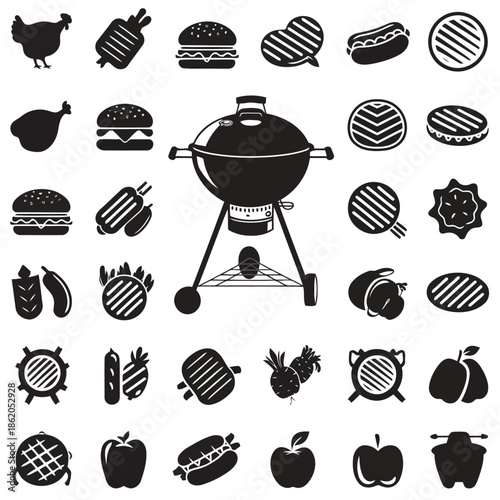 Black and white barbecue icons set with grill, food and fruits isolated on white background vector