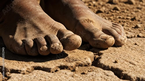 Close up shot of weathered bare feet resting on dry and cracked earth during a drought
