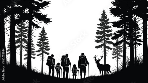 Family hiking in forest with deer silhouette black and white trees