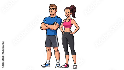 Illustration of a man and woman in athletic attire standing together confidently