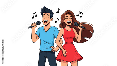 Man and woman singing together with microphones in hand, surrounded by music notes