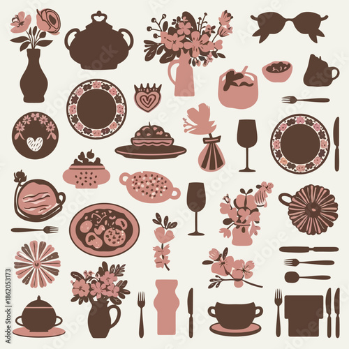Collection of various dining table items and flowers in brown and pink hues on a white background