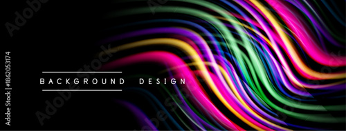 Abstract colorful waves flow across black background. Modern design elements create dynamic visual impact. Bright hues contrast dark space.
