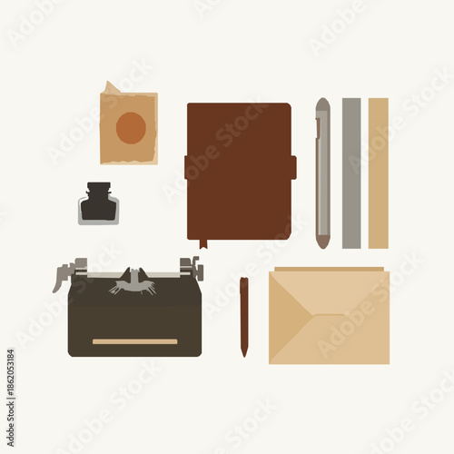 Retro and Vintage Stationery Vector Illustration with Typewriters and Pens