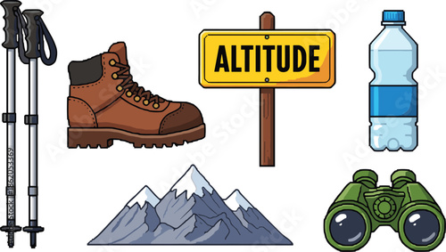 Hiking equipment and mountain scenery with altitude sign and binoculars trekking poles