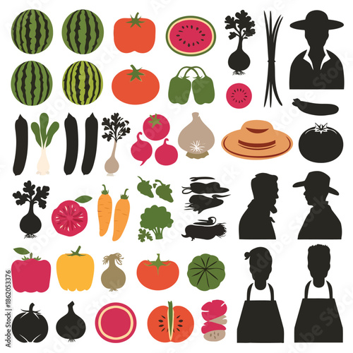 Colorful vector illustration of various vegetables and farmers on white background