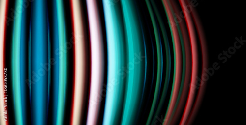 Abstract colorful lines form curved pattern. Bright hues contrast against dark background, creating dynamic visual effect.