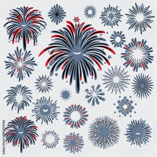 Fireworks explosion vector graphics with red, white, and blue colors on light gray background