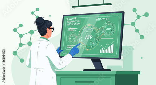 Scientist analyzes cellular respiration and ATP cycle infographics on a computer screen
