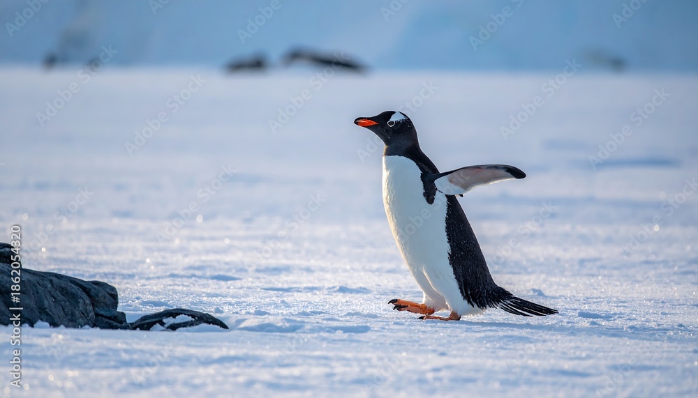 Fototapeta premium Gentoo Penguin Strutting Across the Antarctic Ice Sheet.