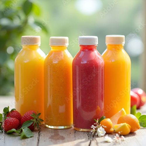 Colorful bottles filled with fresh fruit and vegetable juices.