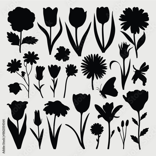 Collection of black flower silhouettes with butterfly on light gray background vector