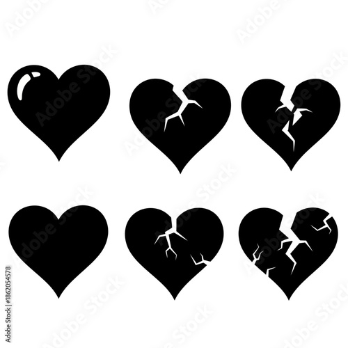 A collection of black heart icons in various states of damage and decay on a white background