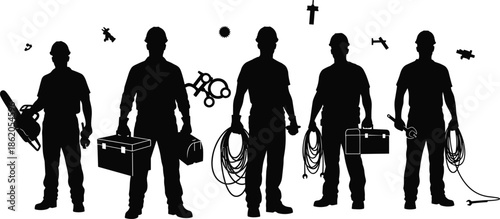 Silhouettes of technical workers with tools and icons, black figures, electrical posture, white background, skilled labor and industry illustration