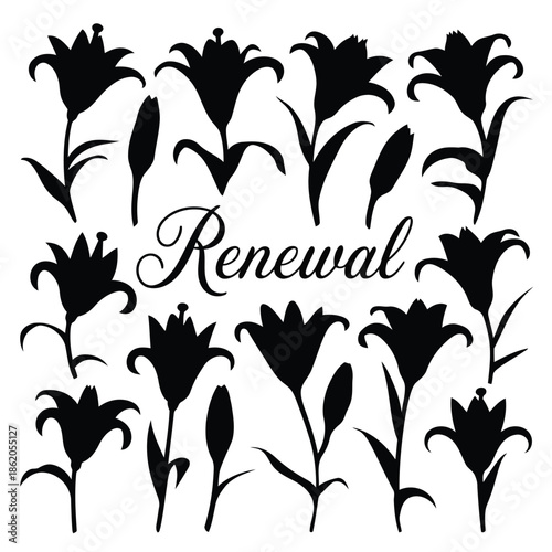 Black floral silhouettes with 'Renewal' text on white background vector