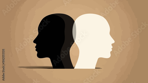 A split illustration of a person's head in black and white, representing contrasting emotions and thoughts.