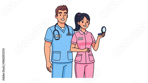 Medical professionals examining a subject together in a clinical environment