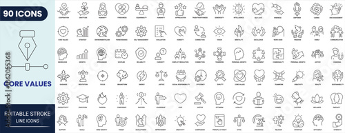 Core values line icon set. Includes teamwork, efficiency, productivity, love, friendship, success and more. Editable stroke. Vector illustration.	