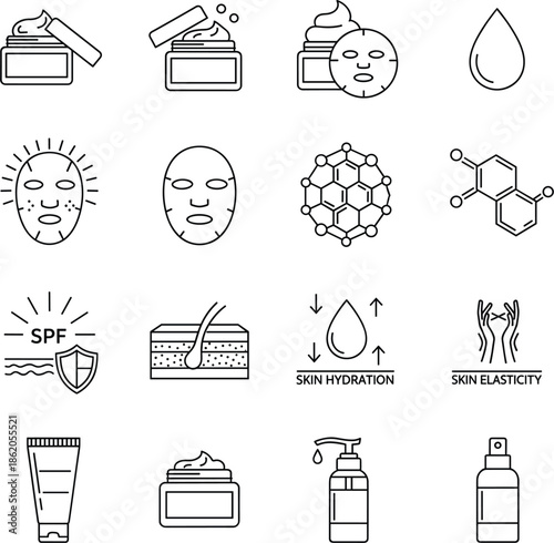 Collection of skincare line icons including face masks cream jars sun protection spf and dermatology health care symbols.