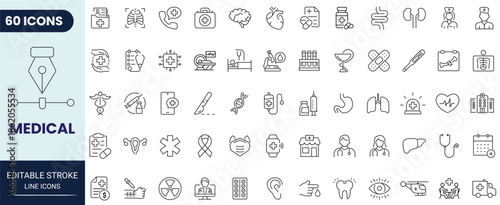 Medical line icon set. Includes doctor, medicine, hospital, treatment, healthcare, nurse, pills, clinic and more. Editable stroke. Vector illustration.