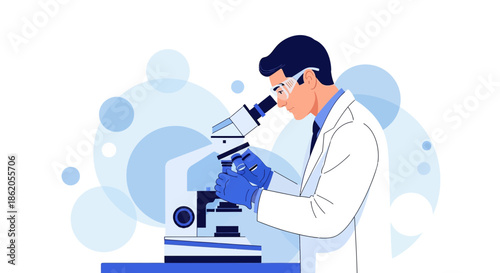 Scientist conducting research with a microscope in a laboratory illustration