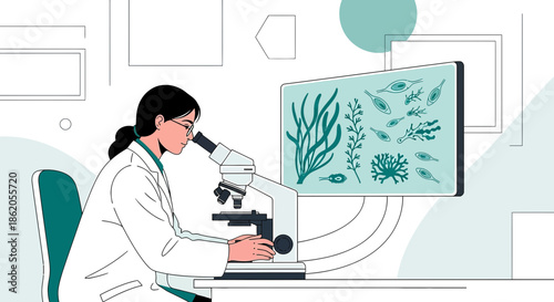 Scientist conducting seaweed research with a microscope and digital display for marine biology