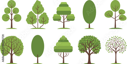 Collection of green tree icons with blue outlines for environmental branding landscape design and nature conservation projects.