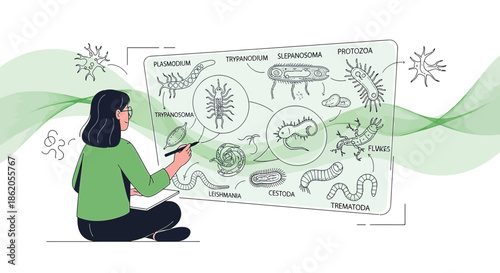 Scientist drawing various types of parasites for research with a green color background pattern