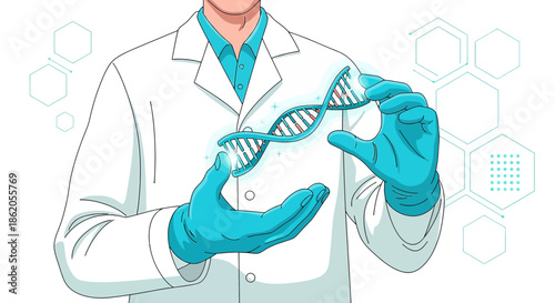 Scientist displaying a dna model illustration for genetics research analysis and future innovation