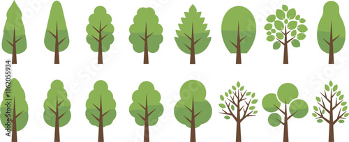 Collection of flat green tree icons and forest symbols for nature environment landscaping and ecological conservation design projects.
