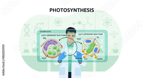 Scientist Explaining Photosynthesis Process with Chloroplasts Diagram and Light Reactions