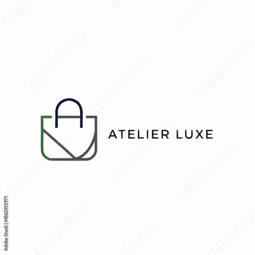 A minimalist logo for Atelier Luxe featuring a stylized shopping bag icon with an 'A' handle and green accent.