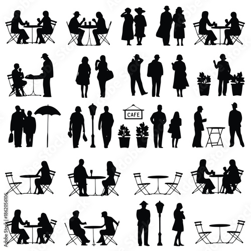 various people sitting and standing in a cafe with tables and chairs outside high quality professional