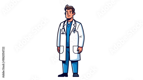 A cartoon doctor standing in a white lab coat with a stethoscope around his neck