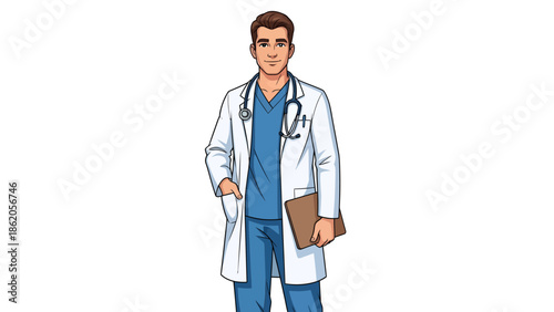 A confident young doctor standing with a clipboard in a clinical environment from a frontal viewpoint