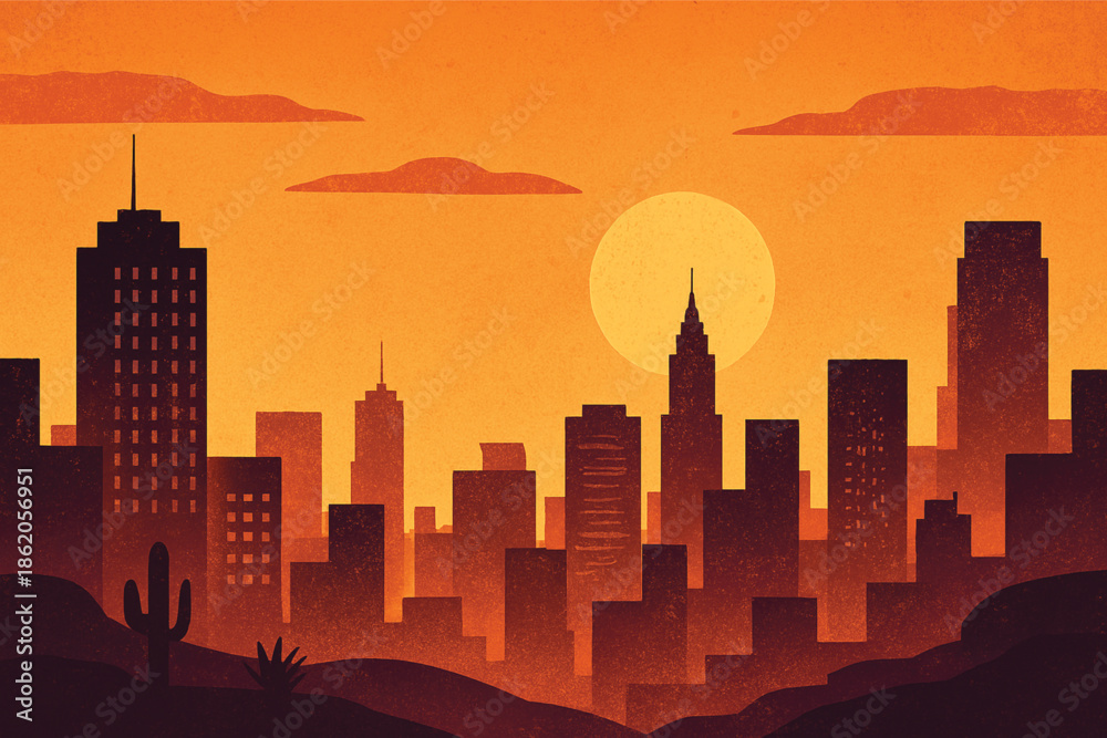 Naklejka premium Stylized desert city skyline at sunset with cactus foreground, vibrant orange sky, high-rise silhouettes, urban landscape illustration, modern architecture, warm evening atmosphere, artistic vector de