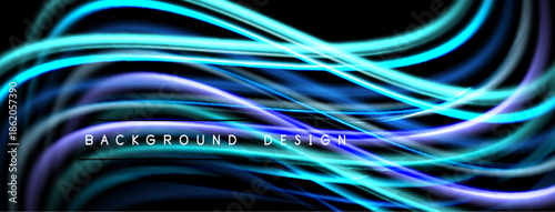 Abstract flowing lines, vibrant blues, purples, white. Dynamic energy, modern design, dark background creates contrast.