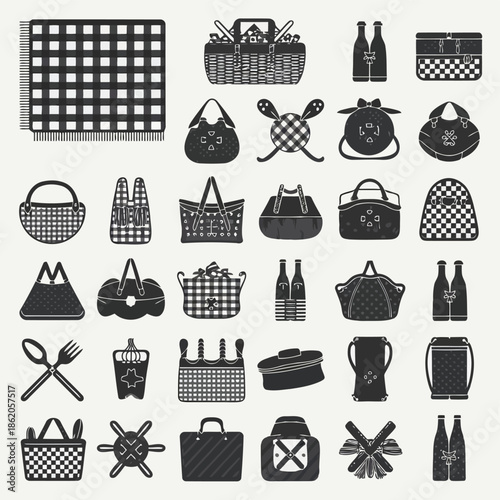 black and white picnic items icons set including baskets and utensils high quality professional detailed modern