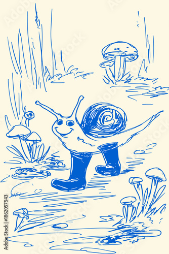 Whimsical Snail with Rain Boots in Nature