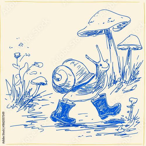 Whimsical Snail with Rain Boots in Nature