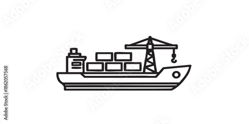 Cargo containers on vessel line icon, water transport concept. Vector graphics. Ship with crane, shipping sign on white background, style mobile or design