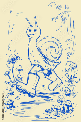 Whimsical Snail with Rain Boots in Nature