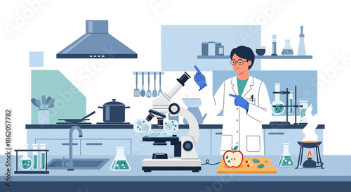 Scientist in a modern kitchen lab researching food safety and nutrition using advanced scientific