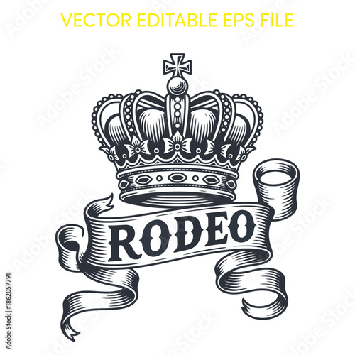western rodeo crown with banner vector illustration isolated on white cowboy competition award emblem celebration design element.